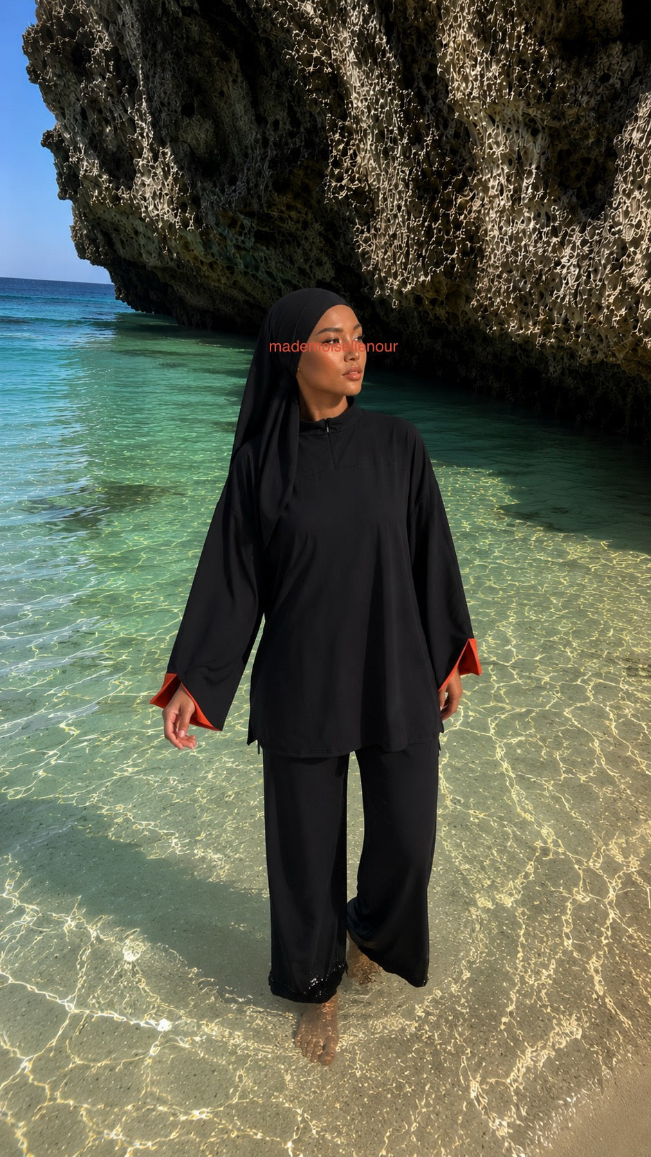 Burkini 3 pièces noir et orange