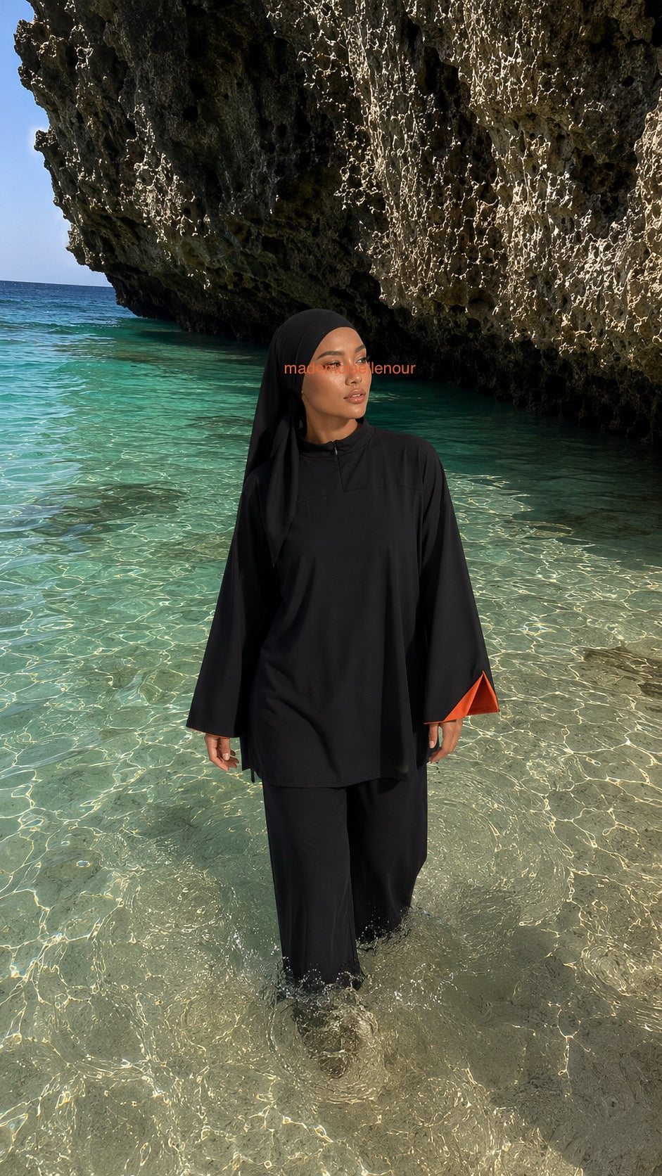 Burkini 3 pièces noir et orange