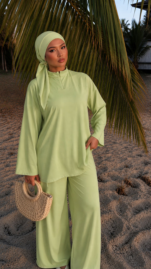 Burkini 3 pièces avec zip et cagoule vert